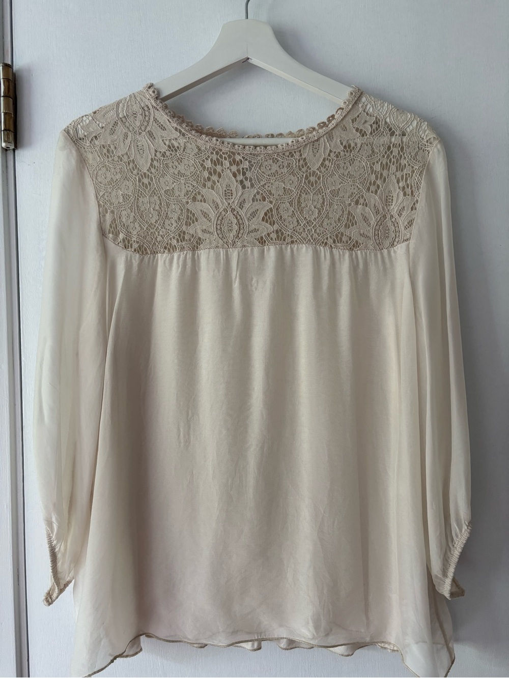 GIUSY Ivory Silk Blend Lace Blouse Made in Italy Sheer Sleeves Size M